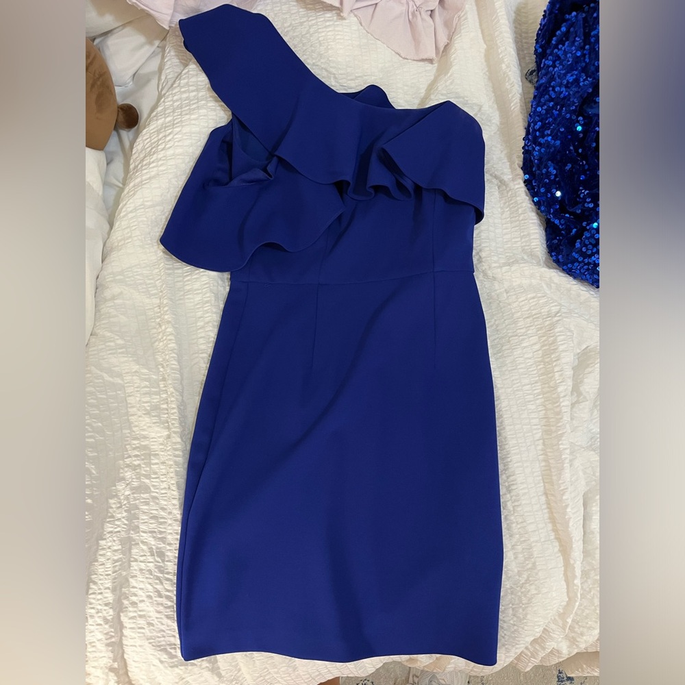 One shoulder Blue Ruffle Mini Dress, 2 (fits 4)